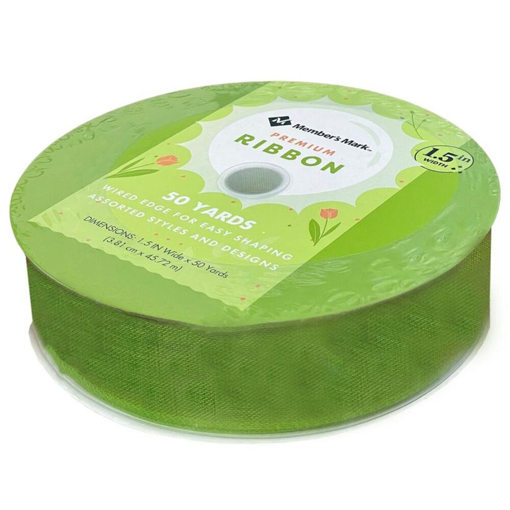 Member's Mark Premium Wired Ribbon 50 Yards 1-1/2 in Width, Green